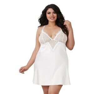 8043 Plus Size Silky Satin Charmeuse Chemise with Eyelash Lace Edge Details